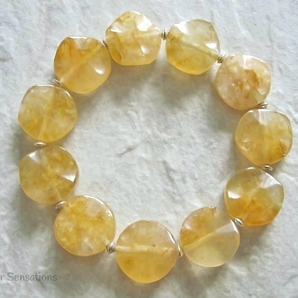 Yellow Orange Golden Jade Wavy Coins Stretch Bracelet & Sterling Silver Beads