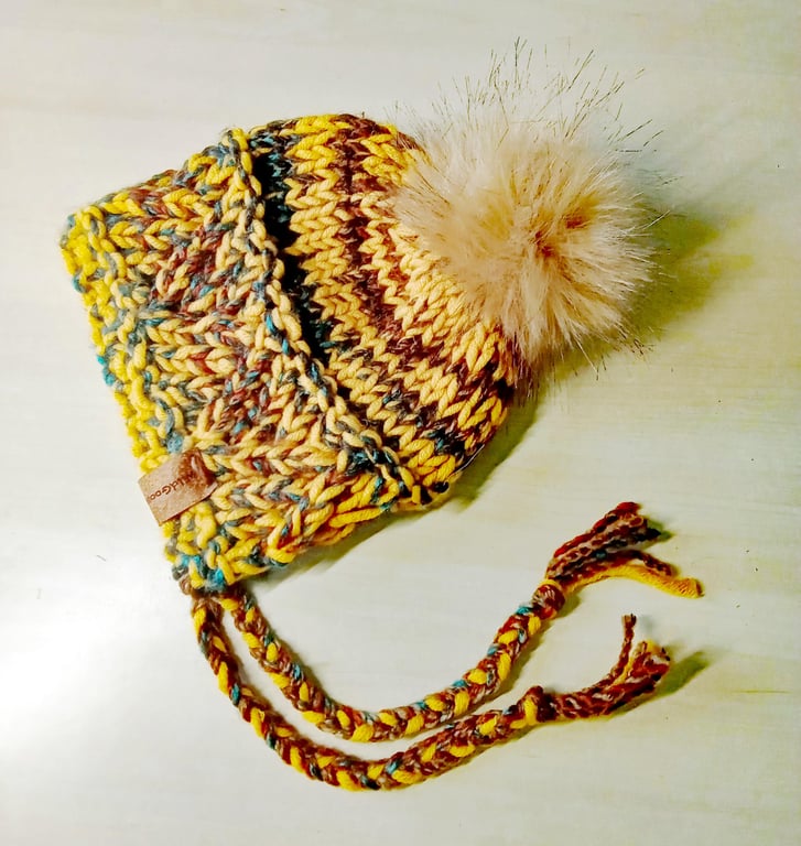 Hand Knit Baby Bonnet in yellow mix acrylic yarns. Faux Fur Pom. Toddler size