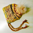 Hand Knit Baby Bonnet in yellow mix acrylic yarns. Faux Fur Pom. Toddler size
