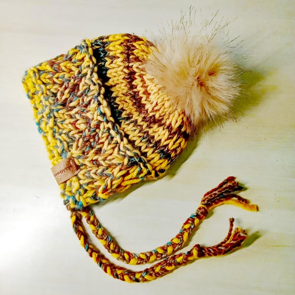 Hand Knit Baby Bonnet in yellow mix acrylic yarns. Faux Fur Pom. Toddler size