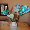 Screen printed Heart Fabric flowers on Willow - 16 hearts Turquoise and blue