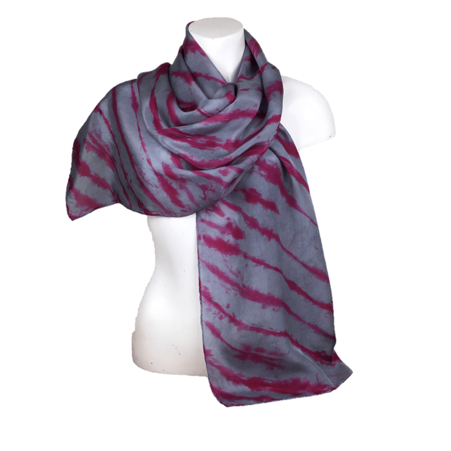 Grey and red striped, hand dyed silk, crepe de chine scarf