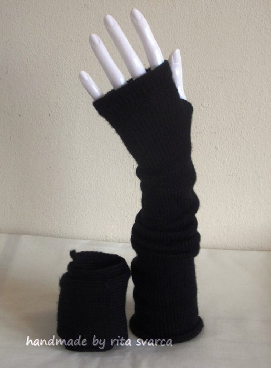Handmade black arm warmers, hand warmers, fingerless gloves for women