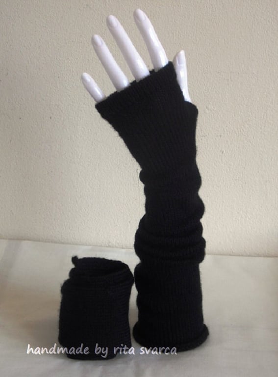 Handmade black arm warmers, hand warmers, fingerless gloves for women