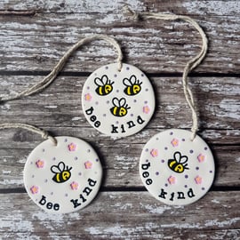 "Bee Kind" or "Bee Happy" hanging decoration, bees, flowers