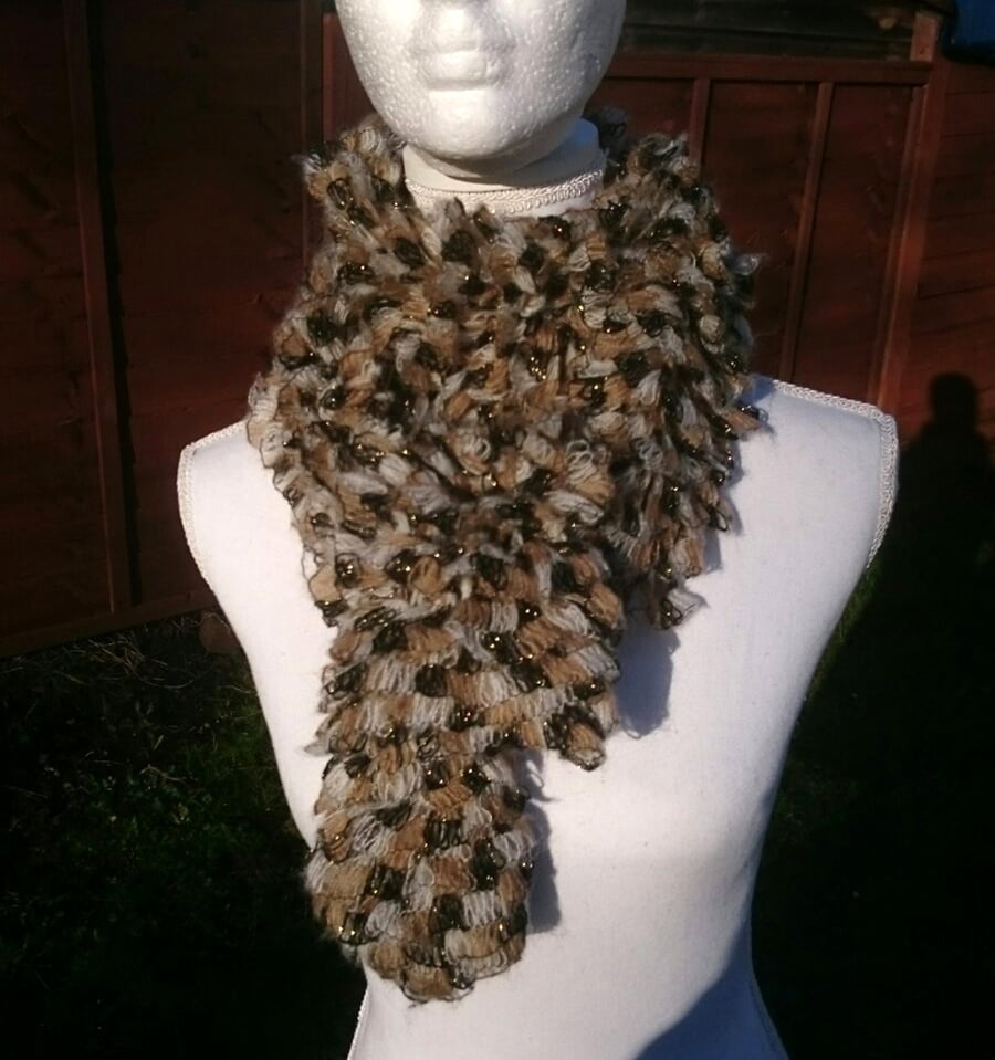 Cozy croched fringed wrap brown-beige color shawl,neck wrap-looks like fur