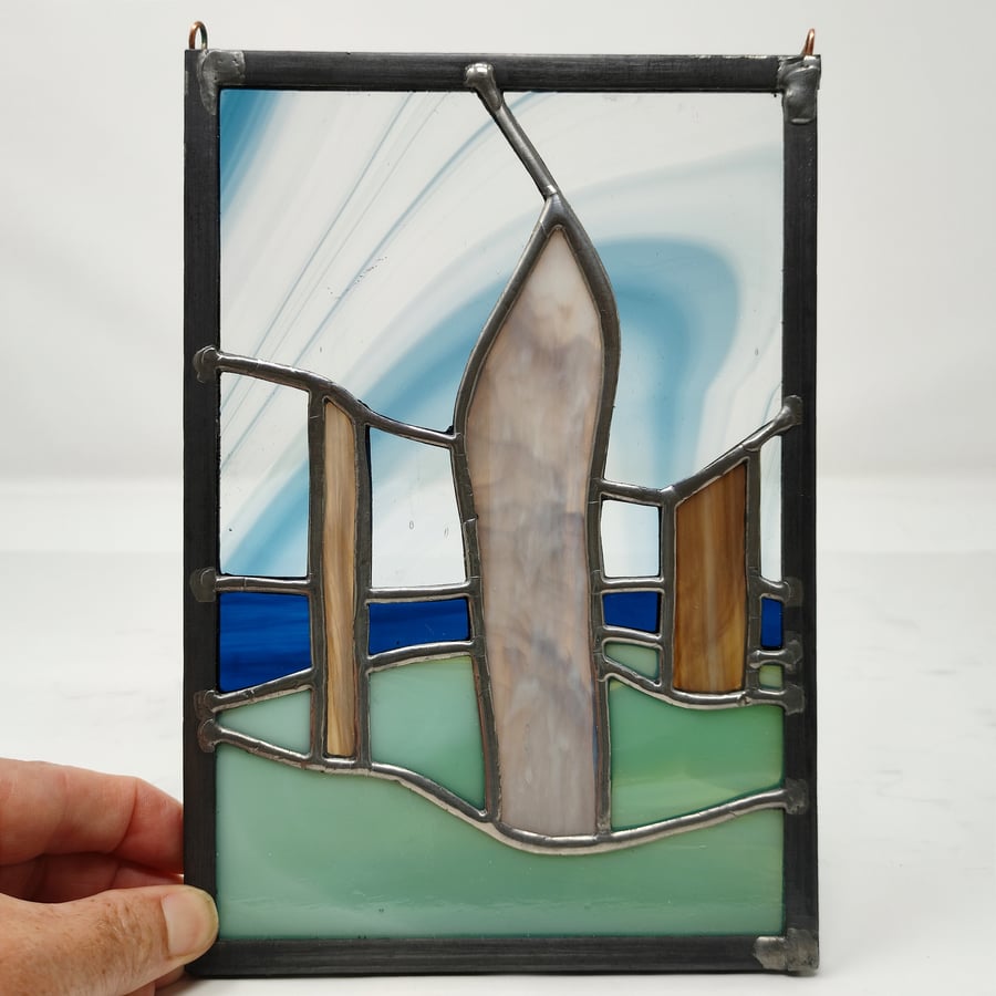 SOLD Stained glass three standing stones landscape panel.