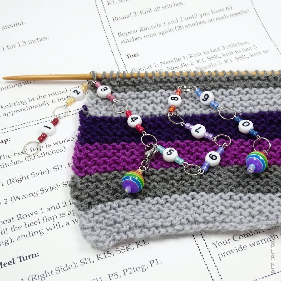 Rainbow Jewel Knitting Row Counter Chain - 1–0 Number Stitch Marker Chain