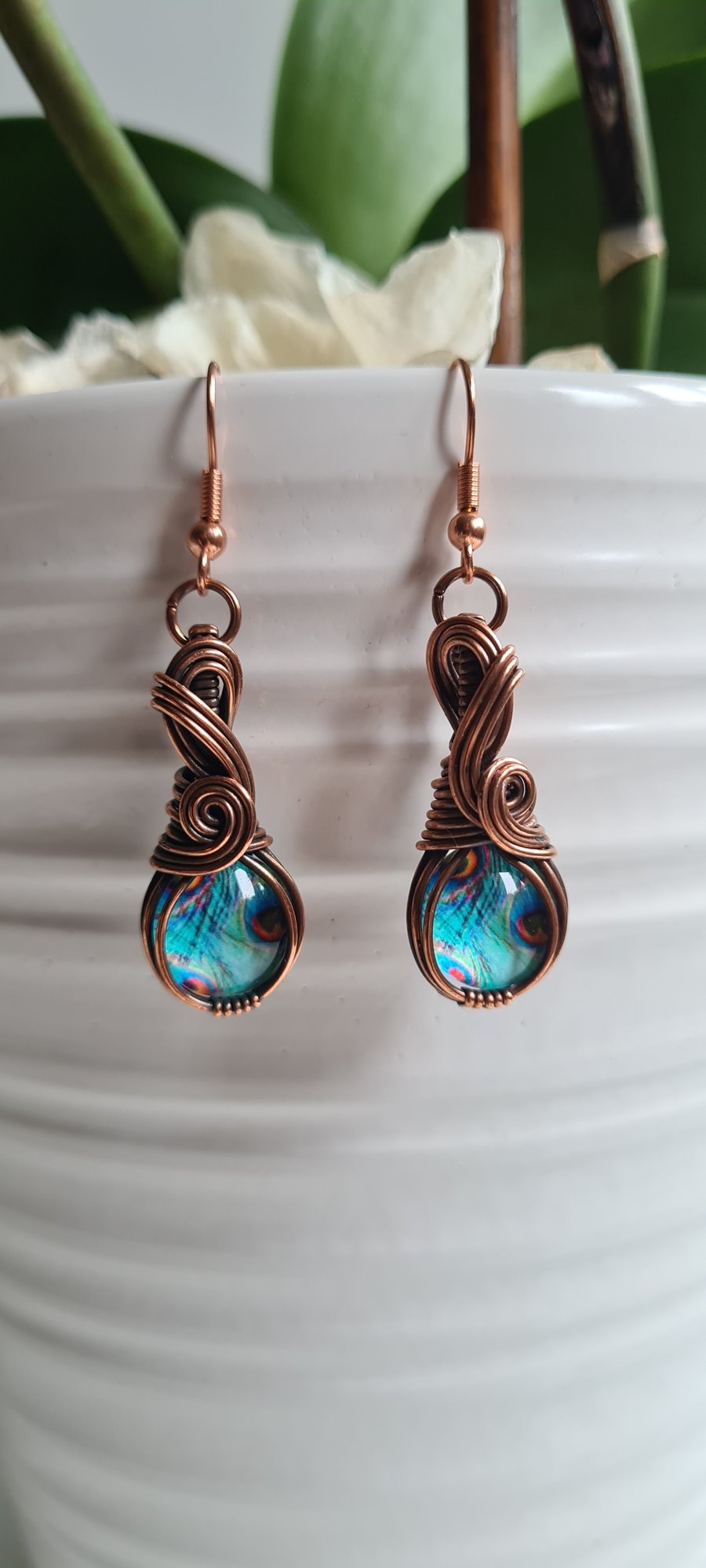 Blue Peacock Feather Glass & Copper Dangle Earrings Gift Jewellery Jewelry