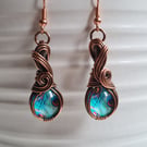 Blue Peacock Feather Glass & Copper Dangle Earrings Gift Jewellery Jewelry