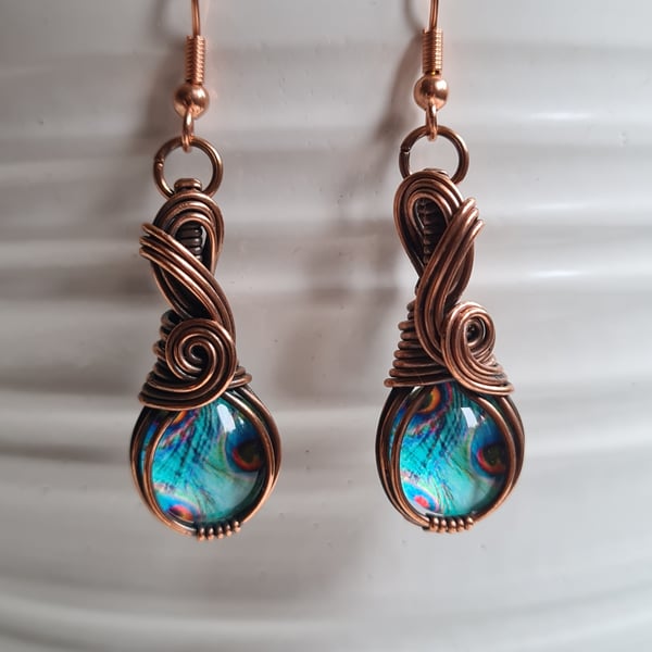 Blue Peacock Feather Glass & Copper Dangle Earrings Gift Jewellery Jewelry