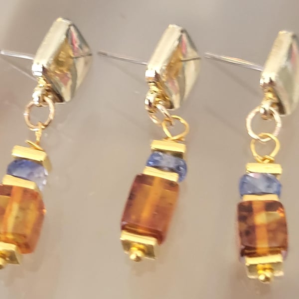 Baltic Amber & Blue Sapphire Dangle Earrings: Handmade Sterling Silver or Gold