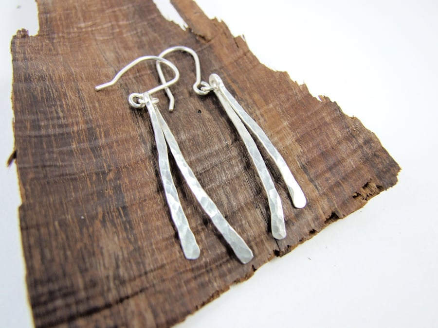 Sterling Silver Hammered Dropper Earrings, Contemporary Design