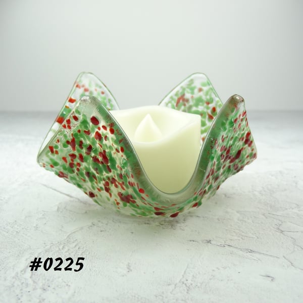 Green-red textured fused glass tealight holder LED flickering flame candle (225)