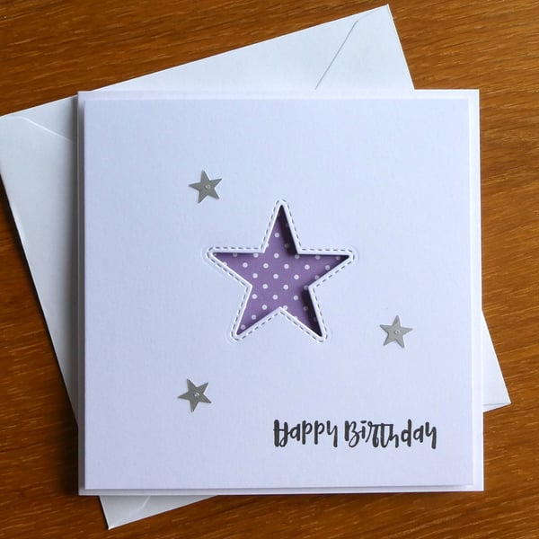 Purple and White Polka Dot Star Aperture Birthday Card