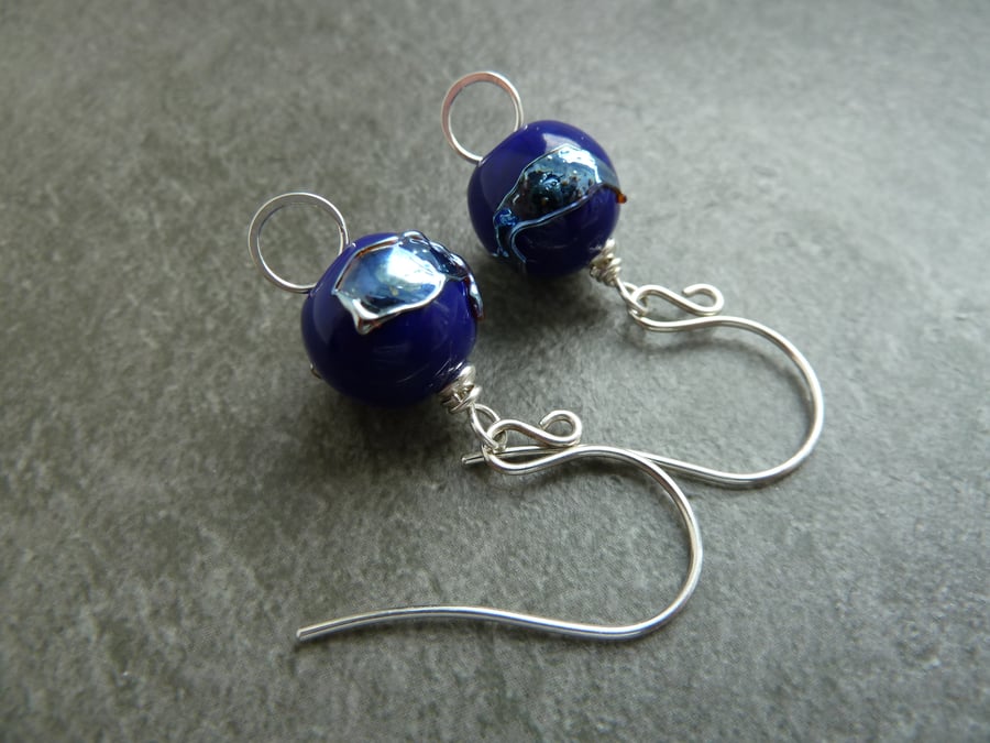 sterling silver earrings, blue lampwork glass beads