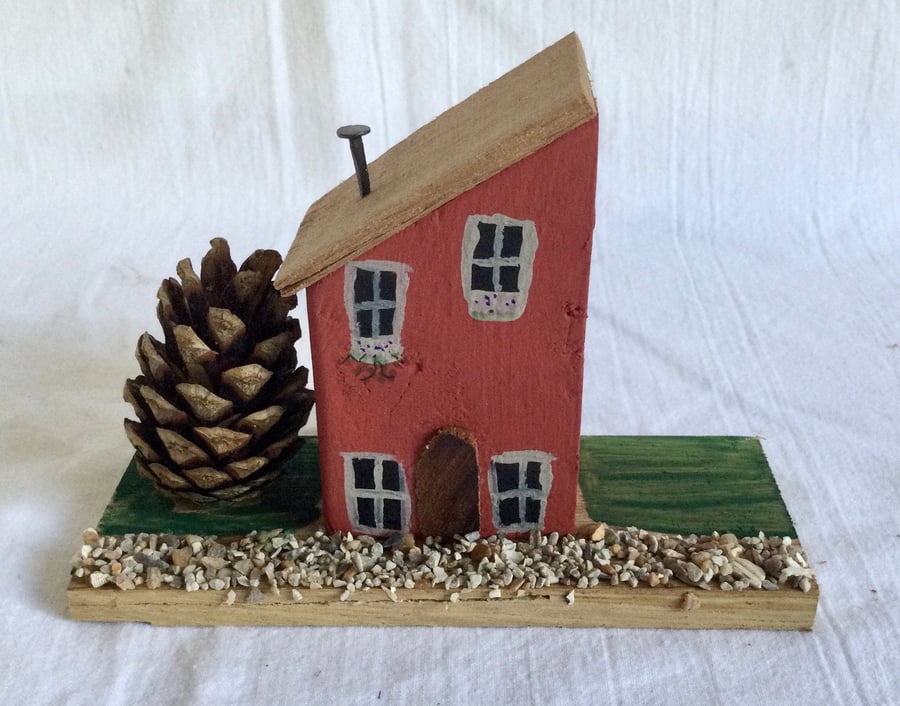 Handmade small wooden house ornament. Handmade wooden gift. Hand-painted wooden 