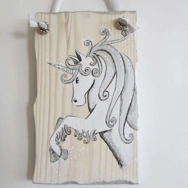 Unicorn Wall Art, White Unicorn hand painted on Wood 
