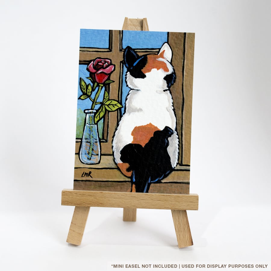 Original ACEO Painting - Calico Cat with Rose - Whimsical Cat Art