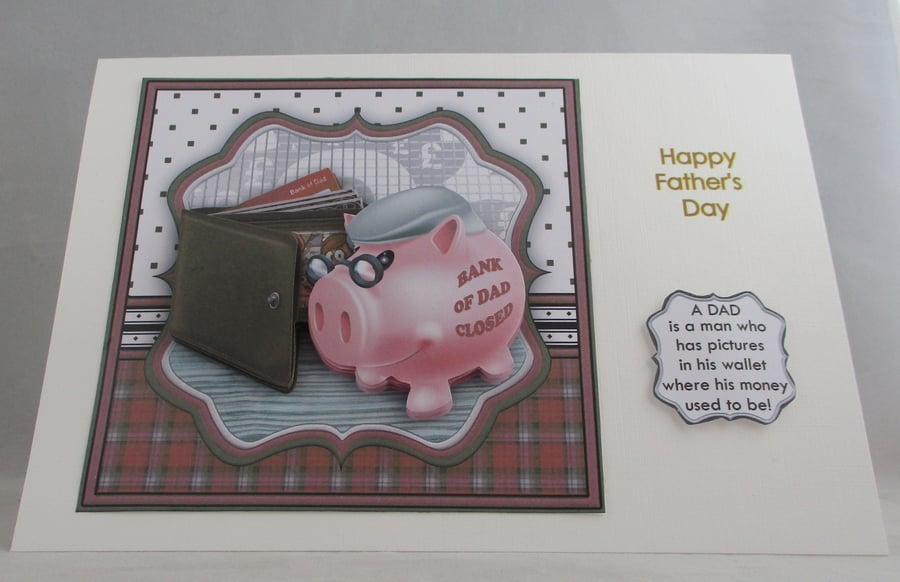 Handmade 3d, decoupageFather's Day Card, piggy bank, wallet.humorous