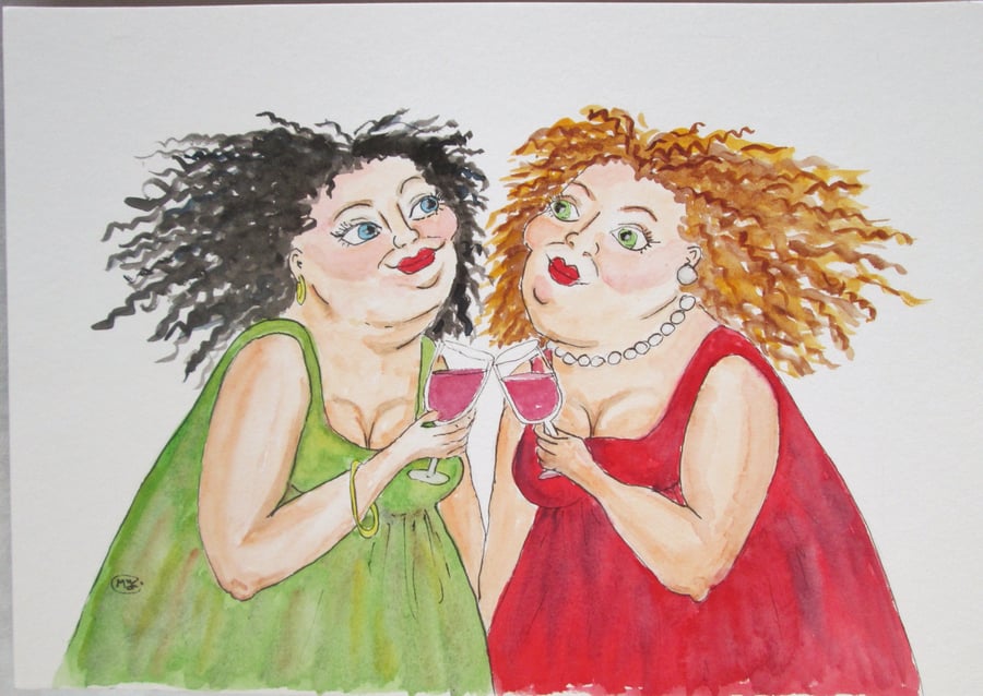 Women and Wine. Happy Girls Print or Original painting 