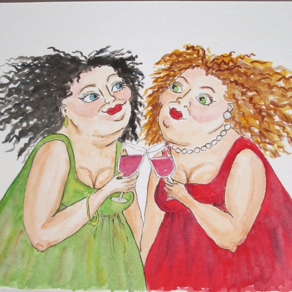 Women and Wine. Happy Girls Print or Original painting 