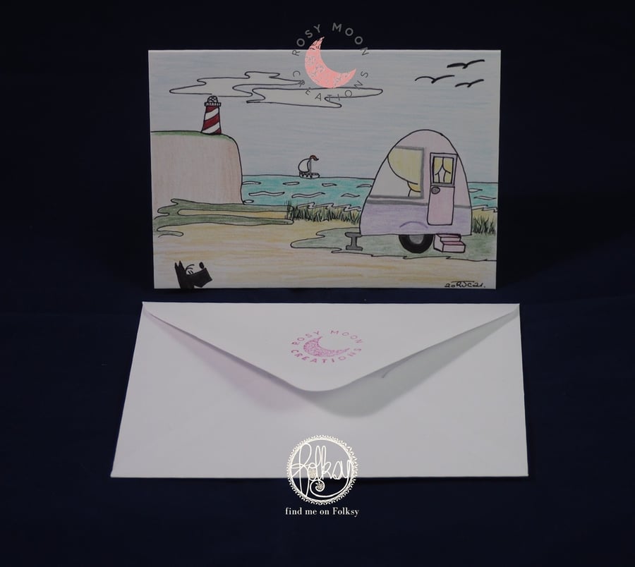 Whimsical Caravan by the Sea, Blank Card 