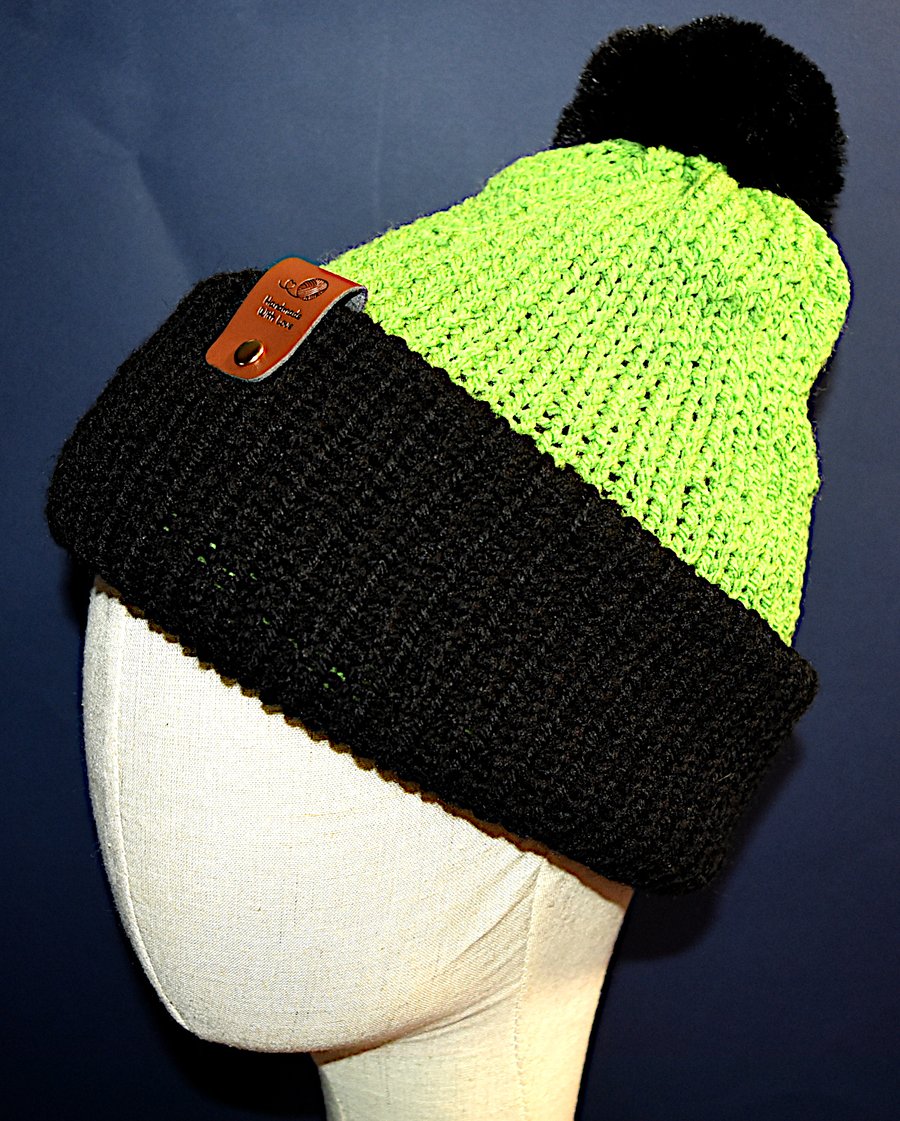 Handcrafted Hat with Faux Rabbit Fur Pompom 2 Toned Green Black Coloured