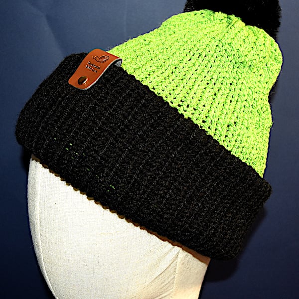Handcrafted Hat with Faux Rabbit Fur Pompom 2 Toned Green Black Coloured