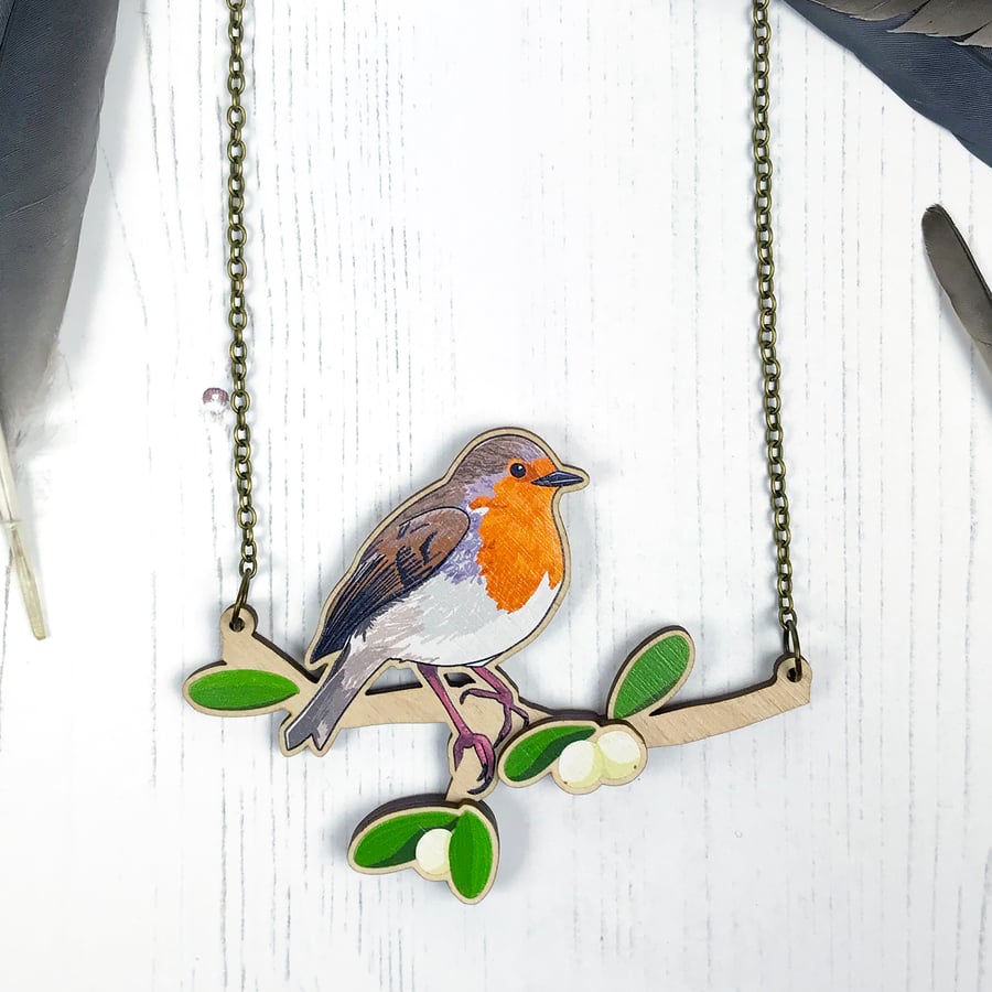 Robin and Mistletoe Illustration Wooden Statement Necklace