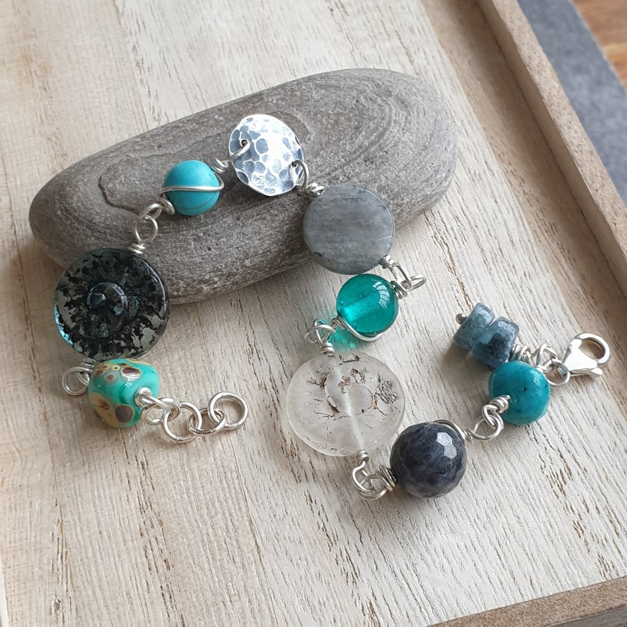 Glass ammonite beaded bracelet, Green, grey, turquoise bracelet