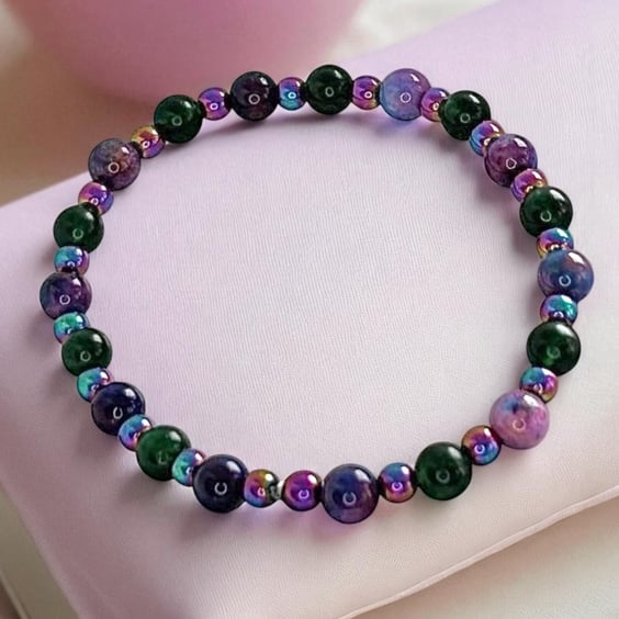 Colourful  Gemstone Bracelet, Purple Green and Rainbow beads,