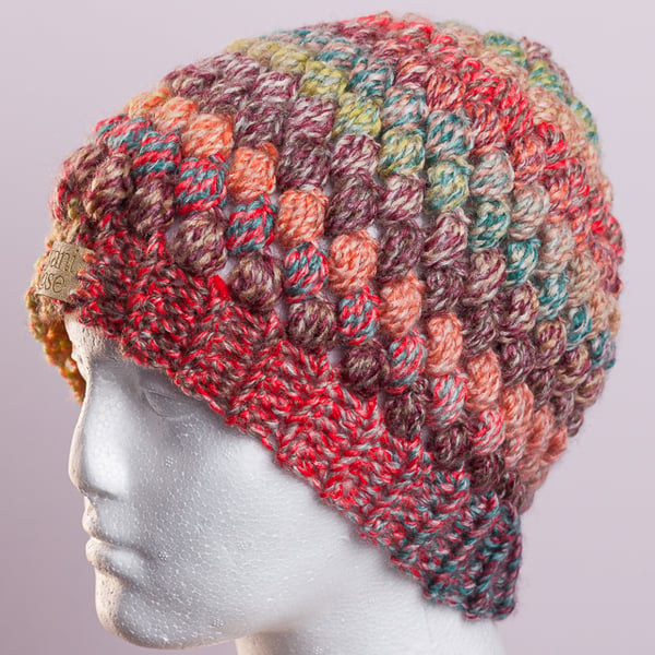 Hat-handmade crochet puff stitch beanie hat autumnal colours