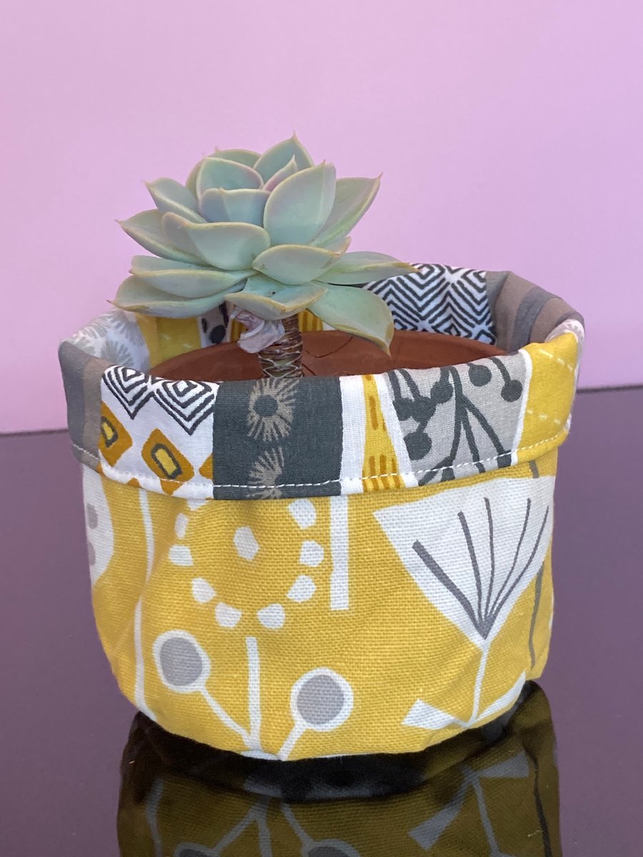 Small fabric basket: plant pot, cosmetics etc Yellow and grey