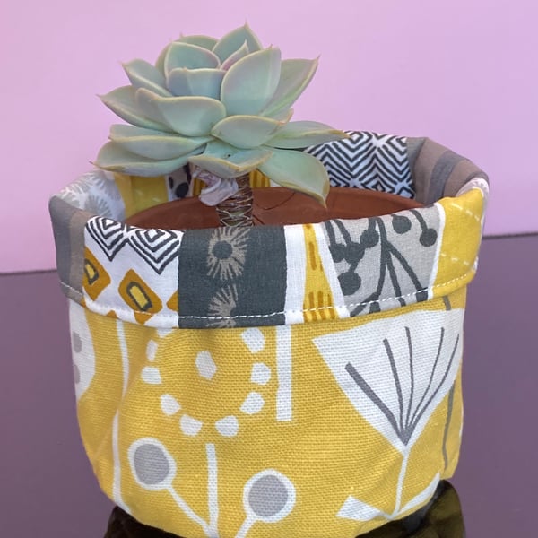 Small fabric basket: plant pot, cosmetics etc Yellow and grey