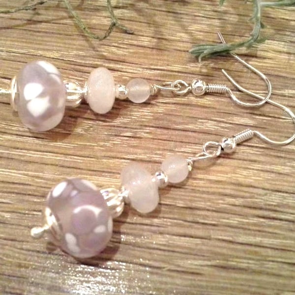 Hand Made Frit Lampwork Bead & Rose Quartz Earrings Silver Plate