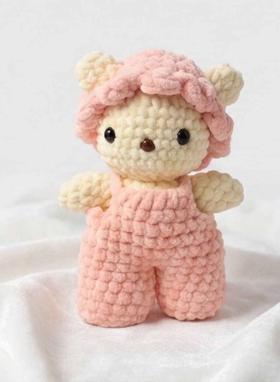 Handmade Crochet Teddy Bear, Soft Amigurumi Doll in Pink Overalls and Hat