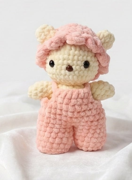 Handmade Crochet Teddy Bear, Soft Amigurumi Doll in Pink Overalls and Hat