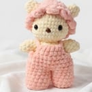 Handmade Crochet Teddy Bear, Soft Amigurumi Doll in Pink Overalls and Hat
