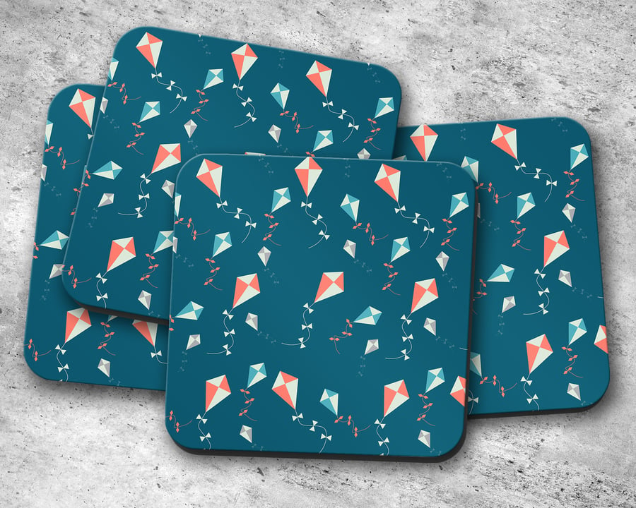 Set of 4 Blue with Kites Design Coasters