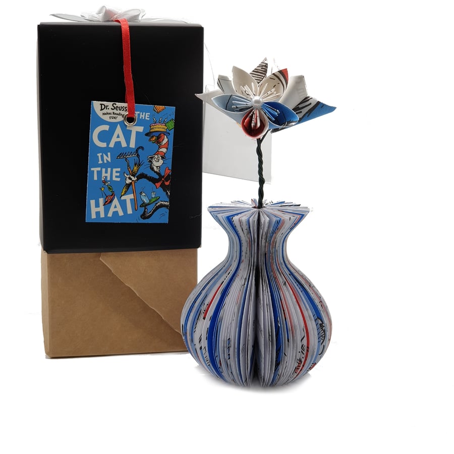 Cat in the Hat vase and Origami Flowers