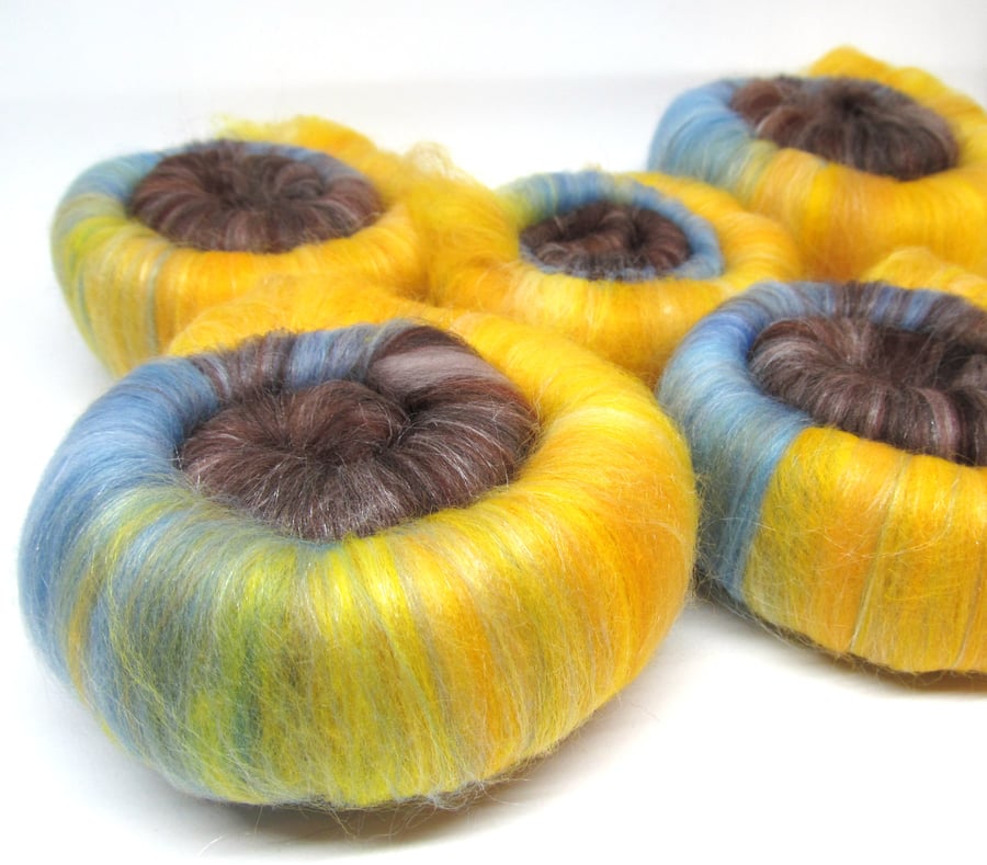 Merino & Silk Rolags 100g 3.5oz Blue Brown and Yellow
