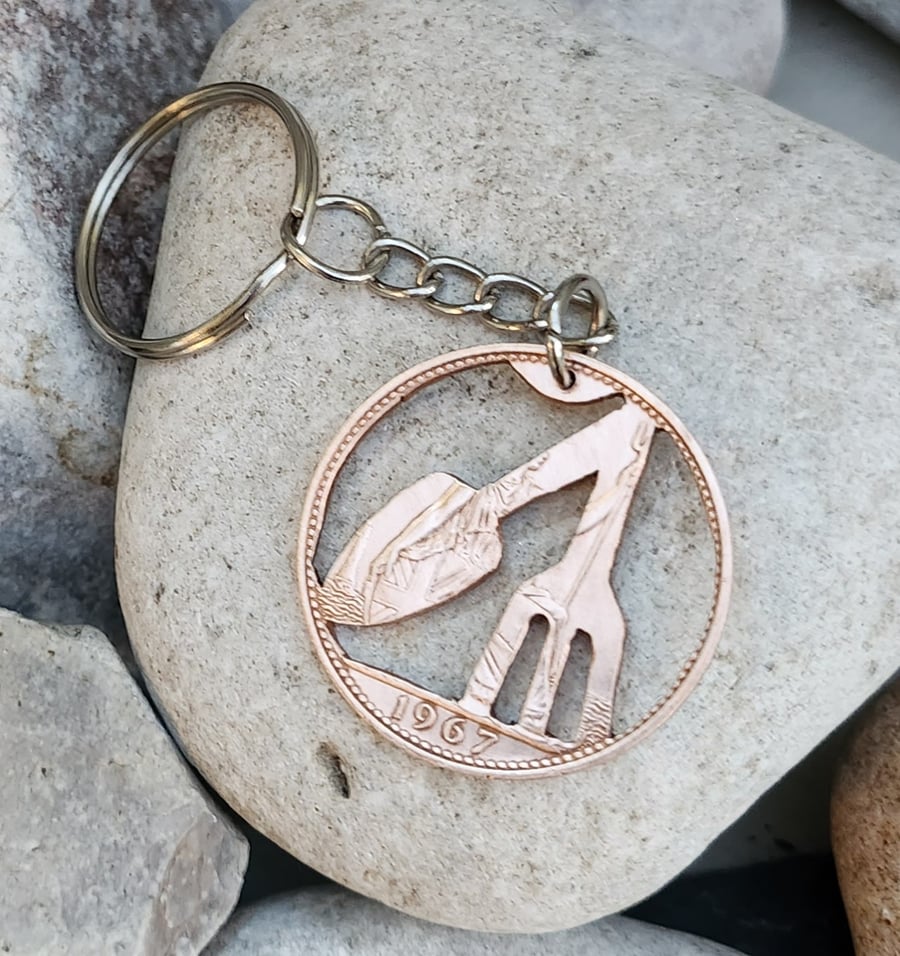 Gardeners Keyring or bag charm upcycled from a Penny Coin