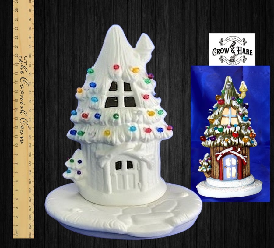 Ready to paint at home pottery Ceramic Light up Christmas Tree Fairy cottage 