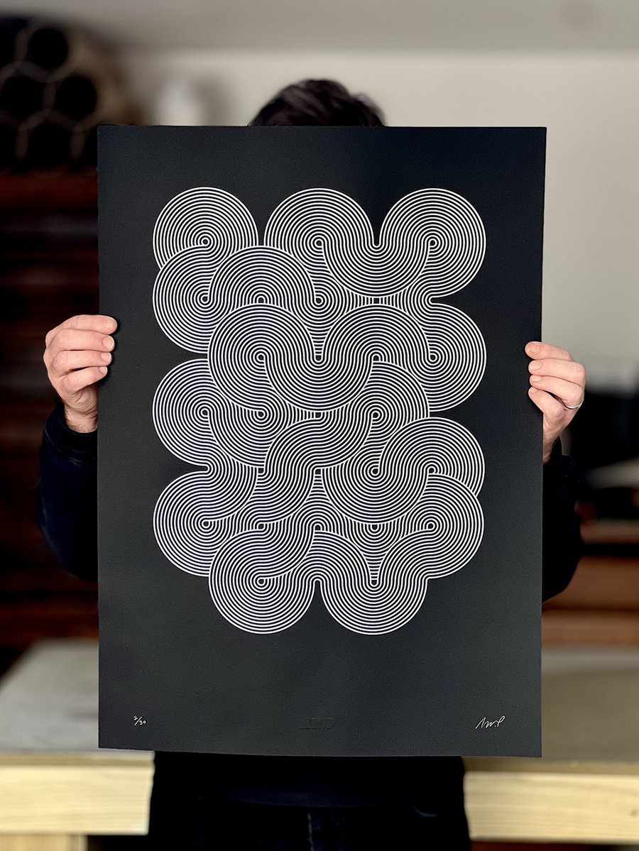 Screen printed geometric waves art - 'Meander White'