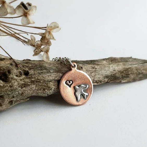 Mixed Metal Bird and Heart Necklace - Copper and Sterling Silver 