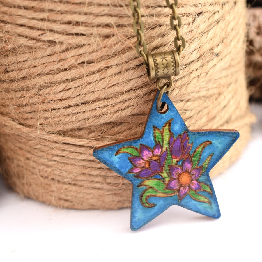 Bouquet on Blue Hand Burned and Coloured Pyrography Pendant