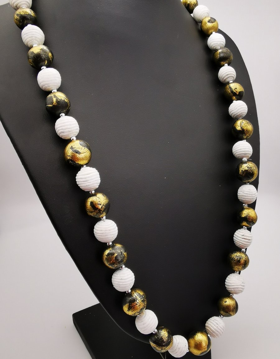 Classic black and white beaded necklace. Handmade polymer clay beads. 
