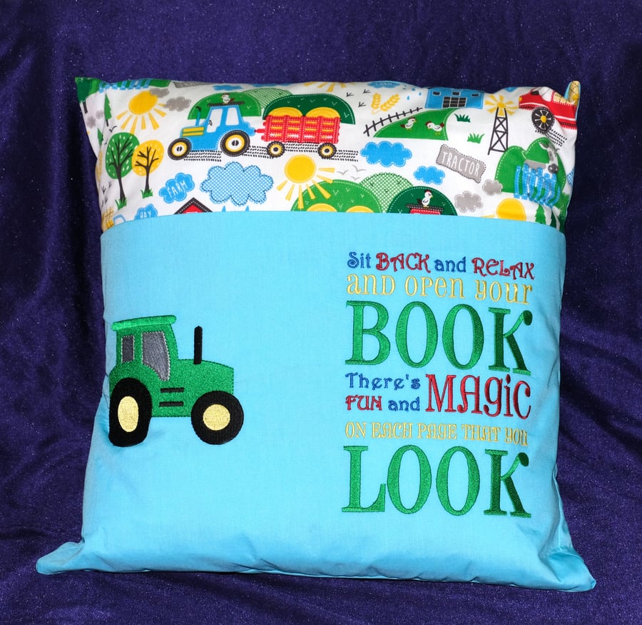 Embroidered tractor reading cushion 