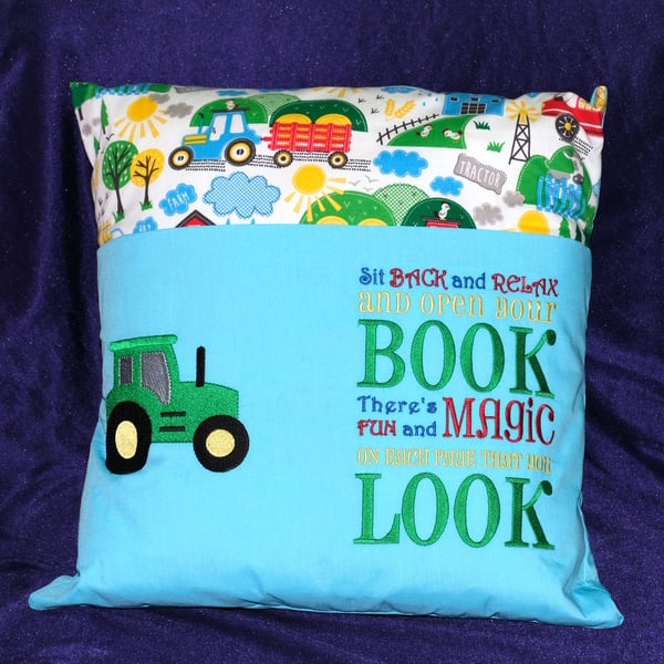 Embroidered tractor reading cushion 